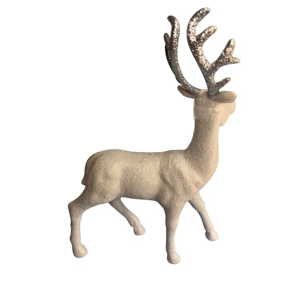 Glittery White Flocked Reindeer Figurine With Silver Antlers - Picture 6 of 8